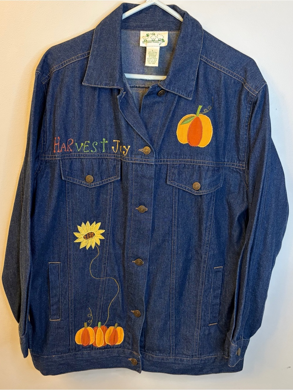 Quacker Factory Fall Harvest Joy scarecrow embroidered denim jacket size large